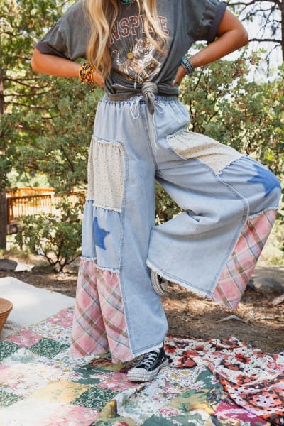 Coastal Chill Boho Wide Leg Pants in Denim Multi from Three Bird Nest
