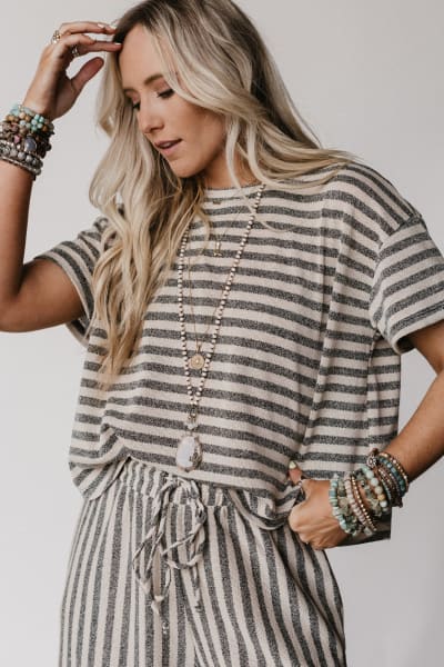 The Nest Ibiza Breeze Striped Top in Taupe Black from Three Bird Nest