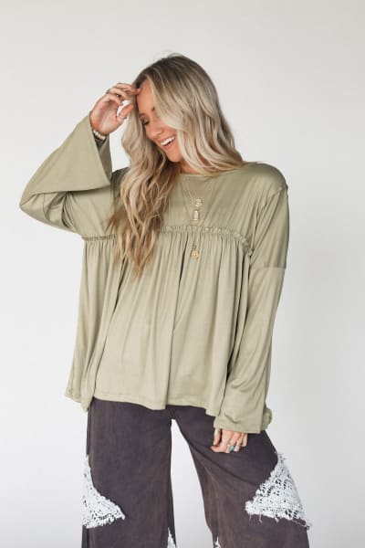 The Nest Solid Serenity Long Sleeve Babydoll Top in Olive from Three Bird Nest