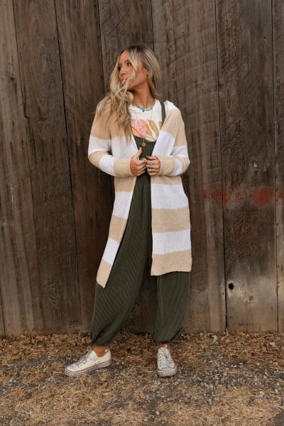 Maisie Striped Hoodie Cardigan in Beige from 3BN