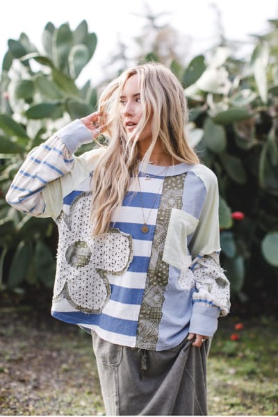 Daisy Darling Patchwork Boho Top in Blue from Three Bird Nest
