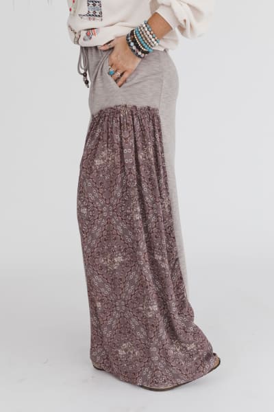 side view of The Nest Cozy Haven Pants in Brown Grey OG from Three Bird Nest