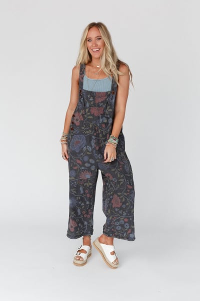 High Hopes Slouchy Denim Overalls in Floral Black Denim from Three Bird Nest