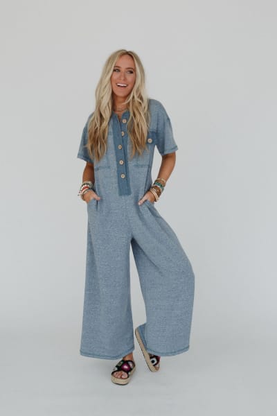 Jodi Short Sleeve Boho Jumpsuit in Blue from Three Bird Nest