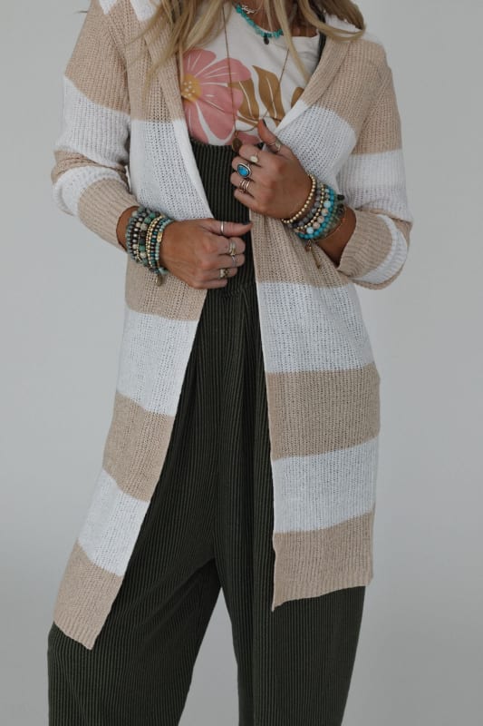 Maisie Striped Hoodie Cardigan in Beige from 3BN