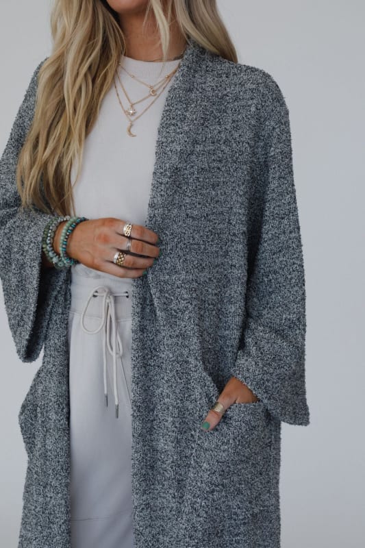 closeup view of The Nest Moonlight Hug Cardigan in Black from Three Bird Nest