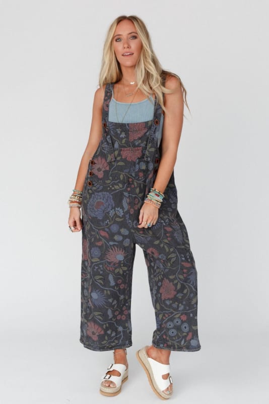 High Hopes Slouchy Denim Overalls in Floral Black Denim from Three Bird Nest