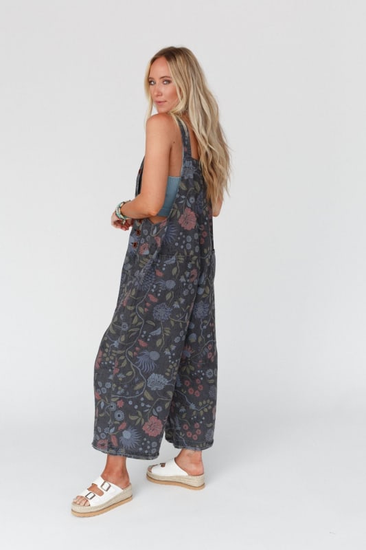 High Hopes Slouchy Denim Overalls in Floral Black Denim from Three Bird Nest