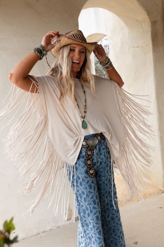 The Nest Showstopper Fringe Top in Oat from 3BN