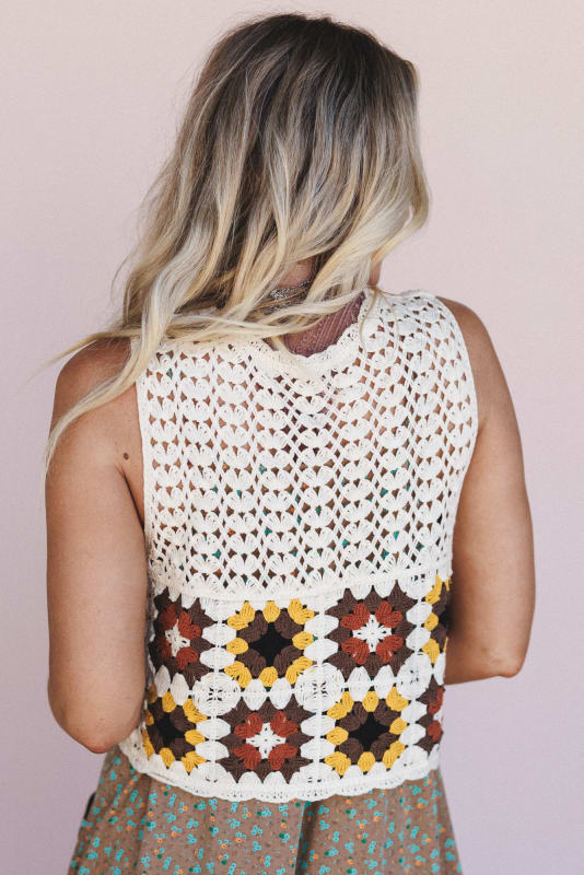 back view of the crochet vest from Whimsy Wildflower 2 Piece Boho Bundle in Mocha from Three Bird Nest