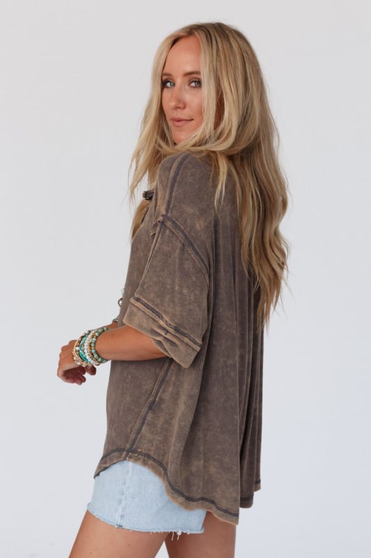 side view of Time Flies Round Hem Top in Gray from Three Bird Nest