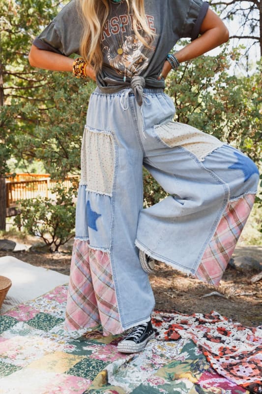 Coastal Chill Boho Wide Leg Pants in Denim Multi from Three Bird Nest