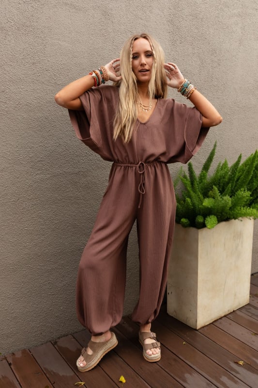 The Nest New Love Relaxed Drawstring Jumpsuit in Mocha from Three Bird Nest