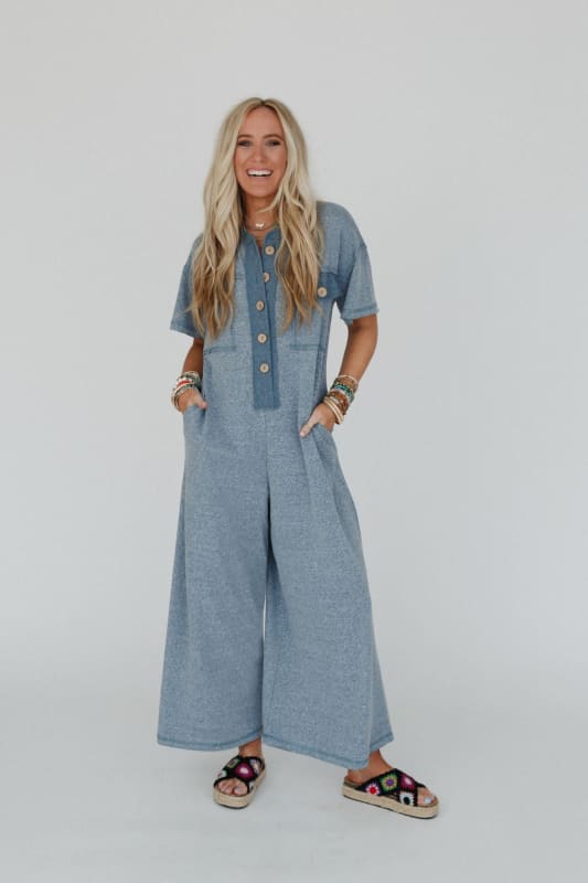 Jodi Short Sleeve Boho Jumpsuit in Blue from Three Bird Nest