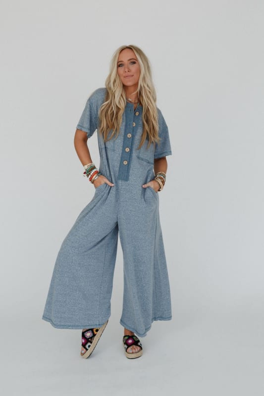 Jodi Short Sleeve Boho Jumpsuit in Blue from Three Bird Nest