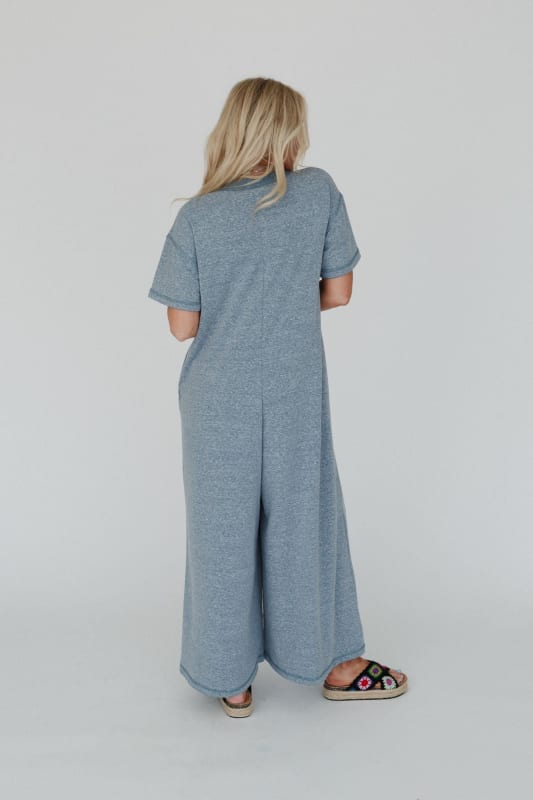 back view of Jodi Short Sleeve Boho Jumpsuit in Blue from Three Bird Nest