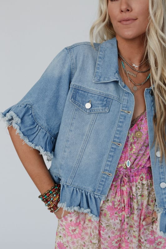 closeup of Scottie Ruffle Denim Jacket in Light Denim from Three Bird Nest