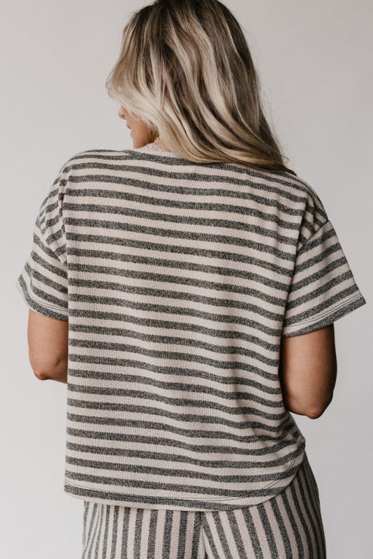 back view of The Nest Ibiza Breeze Striped Top in Taupe Black from Three Bird Nest