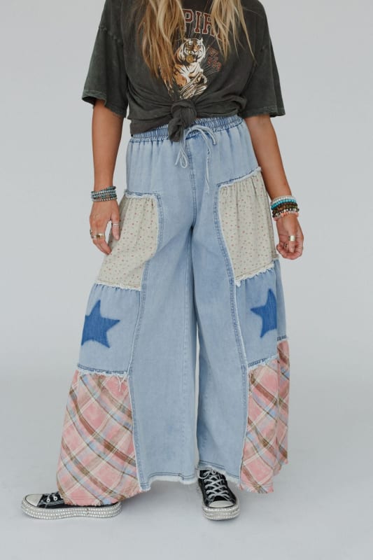 Coastal Chill Boho Wide Leg Pants in Denim Multi from Three Bird Nest