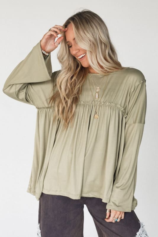 The Nest Solid Serenity Long Sleeve Babydoll Top in Olive from Three Bird Nest