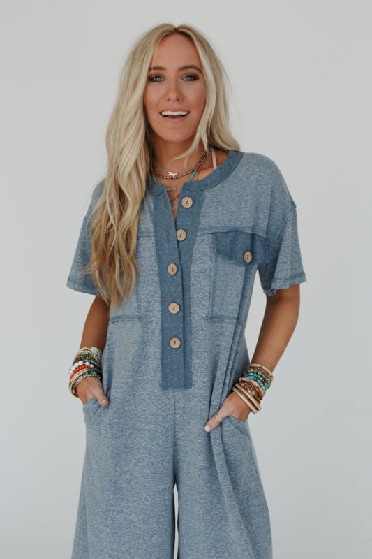 Jodi Short Sleeve Boho Jumpsuit in Blue from Three Bird Nest