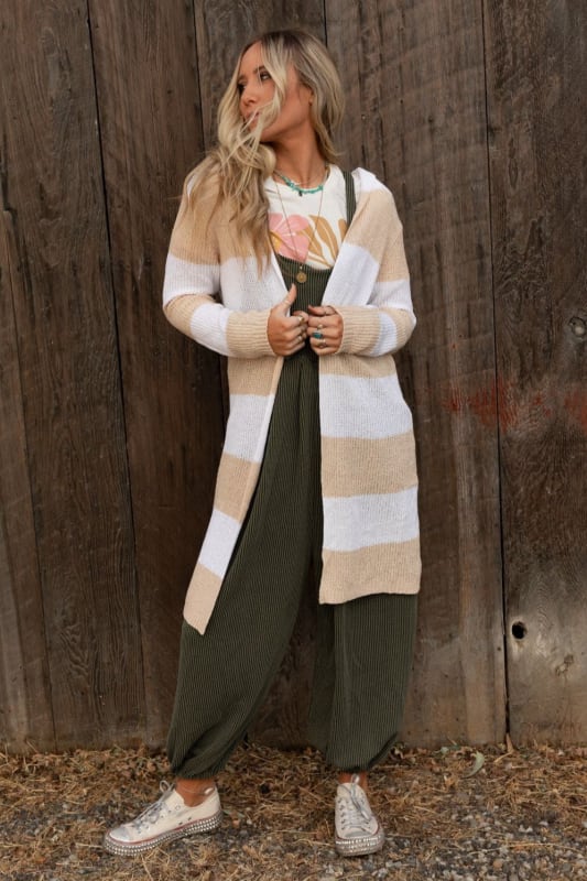 Maisie Striped Hoodie Cardigan in Beige from 3BN