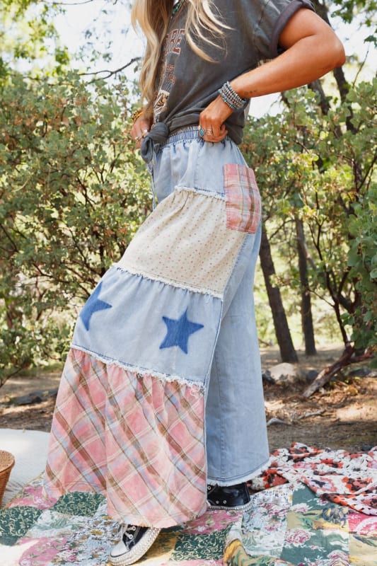 side view of Coastal Chill Boho Wide Leg Pants in Denim Multi from Three Bird Nest
