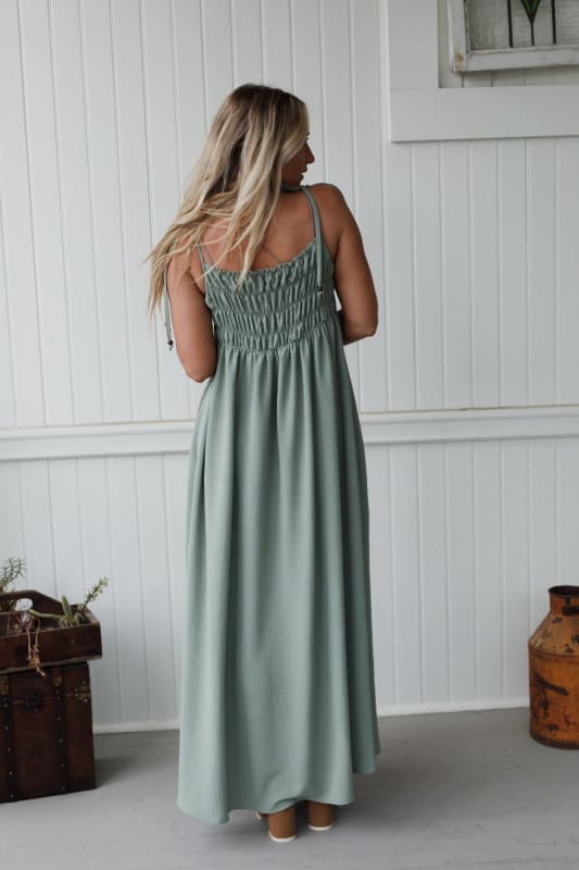 back view of The Nest Bohemian Grace Maxi Dress in Sage from Three Bird Nest