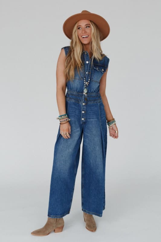 full view of All Star Denim Jumpsuit in Medium Wash from Three Bird Nest