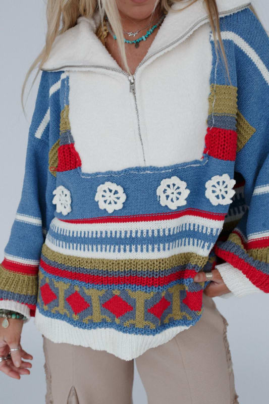 Opal Patterned Boho Pullover Sweater in Blue Multi from Three Bird Nest