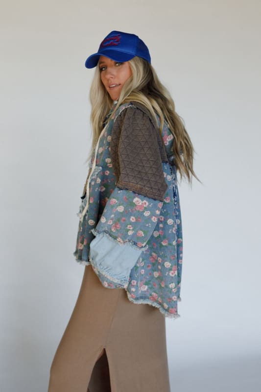 side view of the Starlit Petals Hoodie Denim Boho Jacket from Three Bird Nest