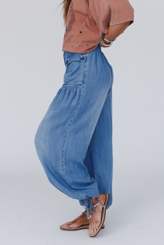 side view of East Bay Loose Fit Cargo Jeans in Denim from Three Bird Nest