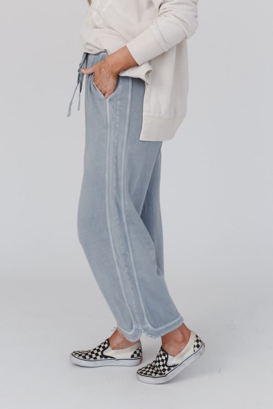 side view of So Comfy Wide Leg Pant Cropped Length in Faded Blue from Three Bird Nest
