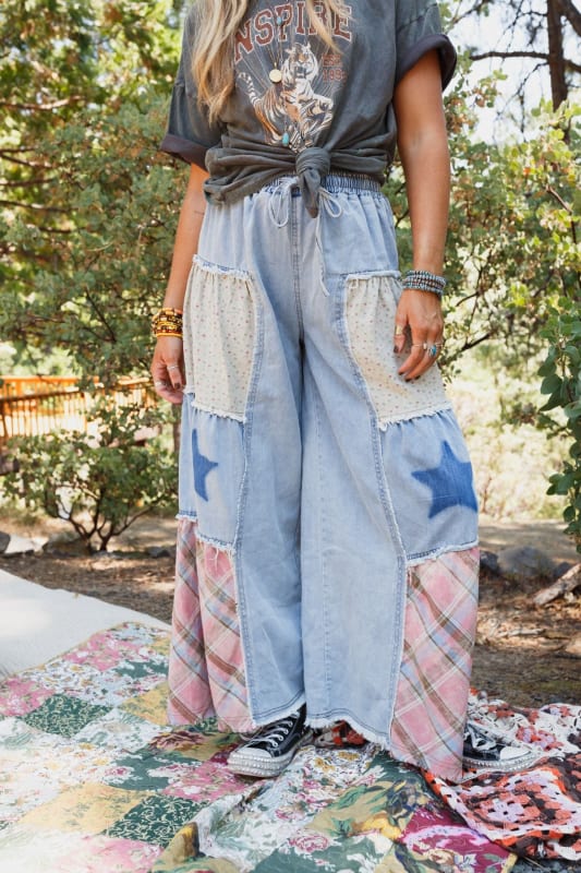 Coastal Chill Boho Wide Leg Pants in Denim Multi from Three Bird Nest