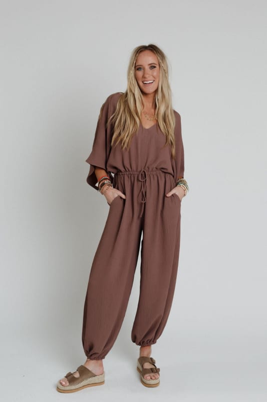The Nest New Love Relaxed Drawstring Jumpsuit in Mocha from Three Bird Nest