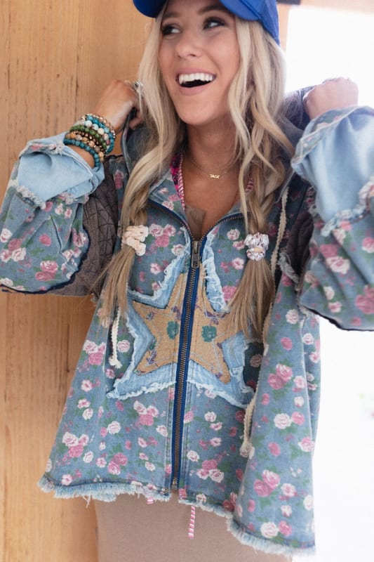 Starlit Petals Hoodie Denim Boho Jacket from Three Bird Nest