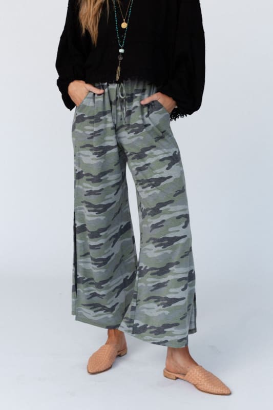 The Nest Casual Wanderer Wide Leg Slit Pants in Army Green Charcoal Camo