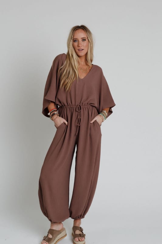 The Nest New Love Relaxed Drawstring Jumpsuit in Mocha from Three Bird Nest