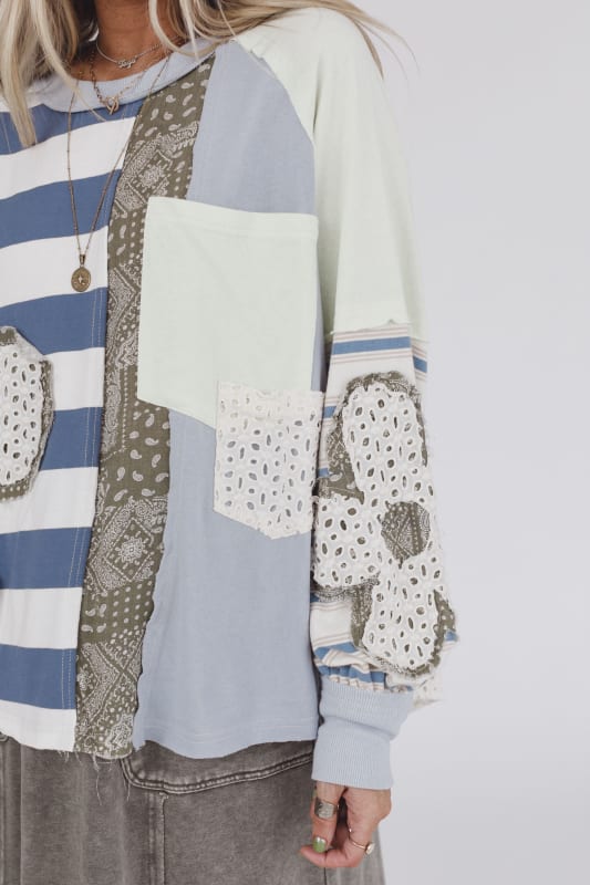 sleeve detail on the Daisy Darling Patchwork Boho Top in Blue from Three Bird Nest