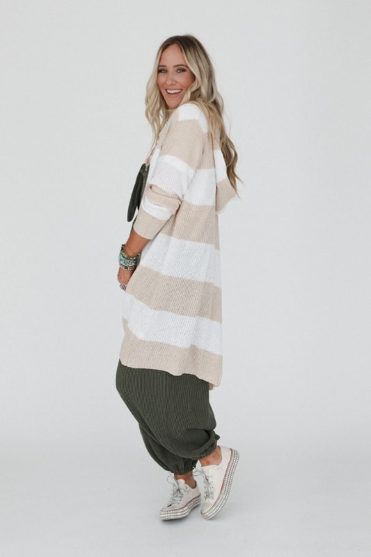 Maisie Striped Hoodie Cardigan in Beige from 3BN