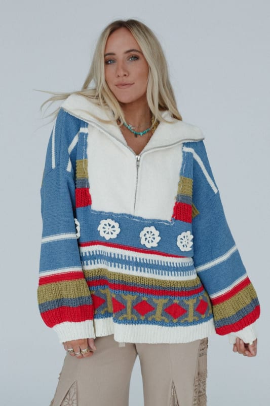 Opal Patterned Boho Pullover Sweater in Blue Multi from Three Bird Nest