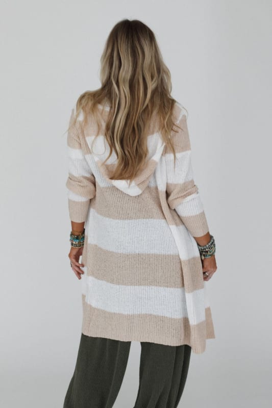 back view of the Maisie Striped Hoodie Cardigan in Beige from 3BN
