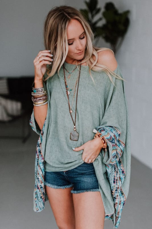 Fallon Embroidered Sleeve Kimono - Sage - Three Bird Nest