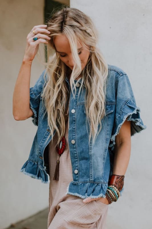 Scottie Ruffle Denim Jacket in Light Blue from Three Bird Nest
