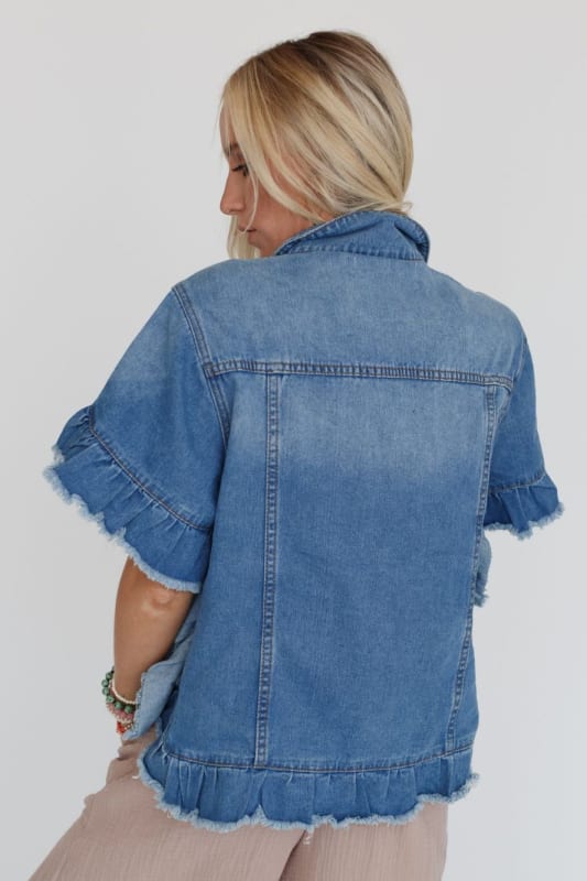 back view of Scottie Ruffle Denim Jacket in Light Blue from Three Bird Nest