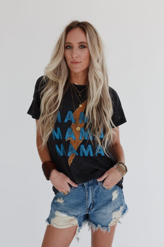 Thunder Mama Vintage Graphic Tee - Charcoal | Tops - Three Bird Nest