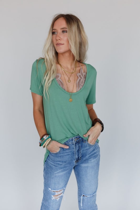 3BN Scoop Neck Bralette Tee - Sage | Tops - Three Bird Nest
