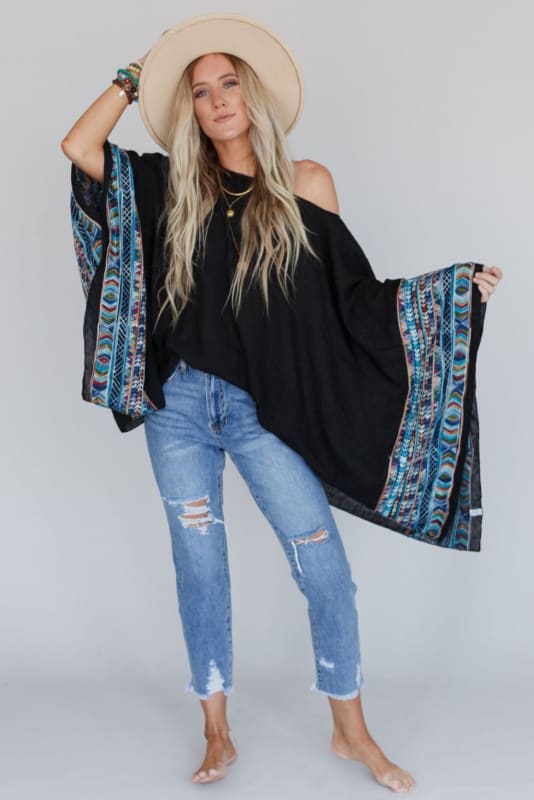 Fallon Embroidered Sleeve Poncho - Black | Kimonos - Three Bird Nest