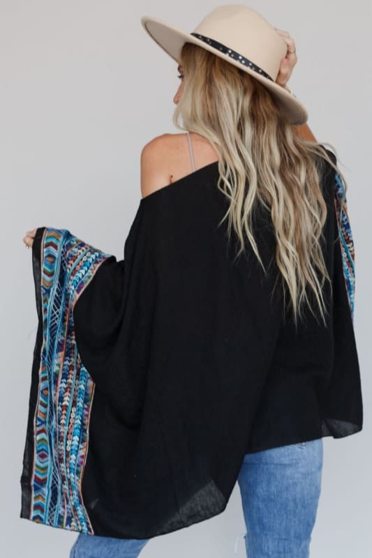 Fallon Embroidered Sleeve Poncho - Black | Kimonos - Three Bird Nest