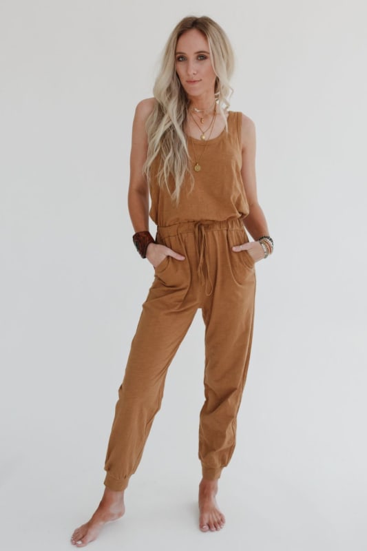 3BN Set to Go Textured Jumpsuit And Cardigan Set - Camel | Dresses - Three Bird Nest